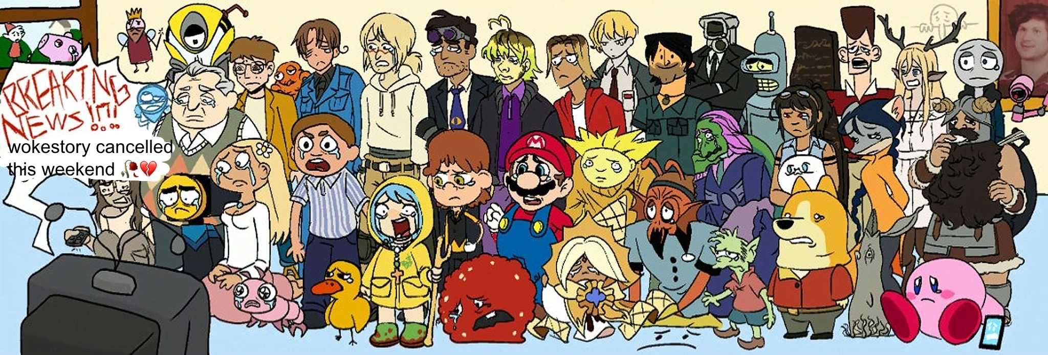 Numerous characters from various different media react to tragic news from the tv: "BREAKING NEWS!!!! wokestory cancelled this weekend 🥀💔"