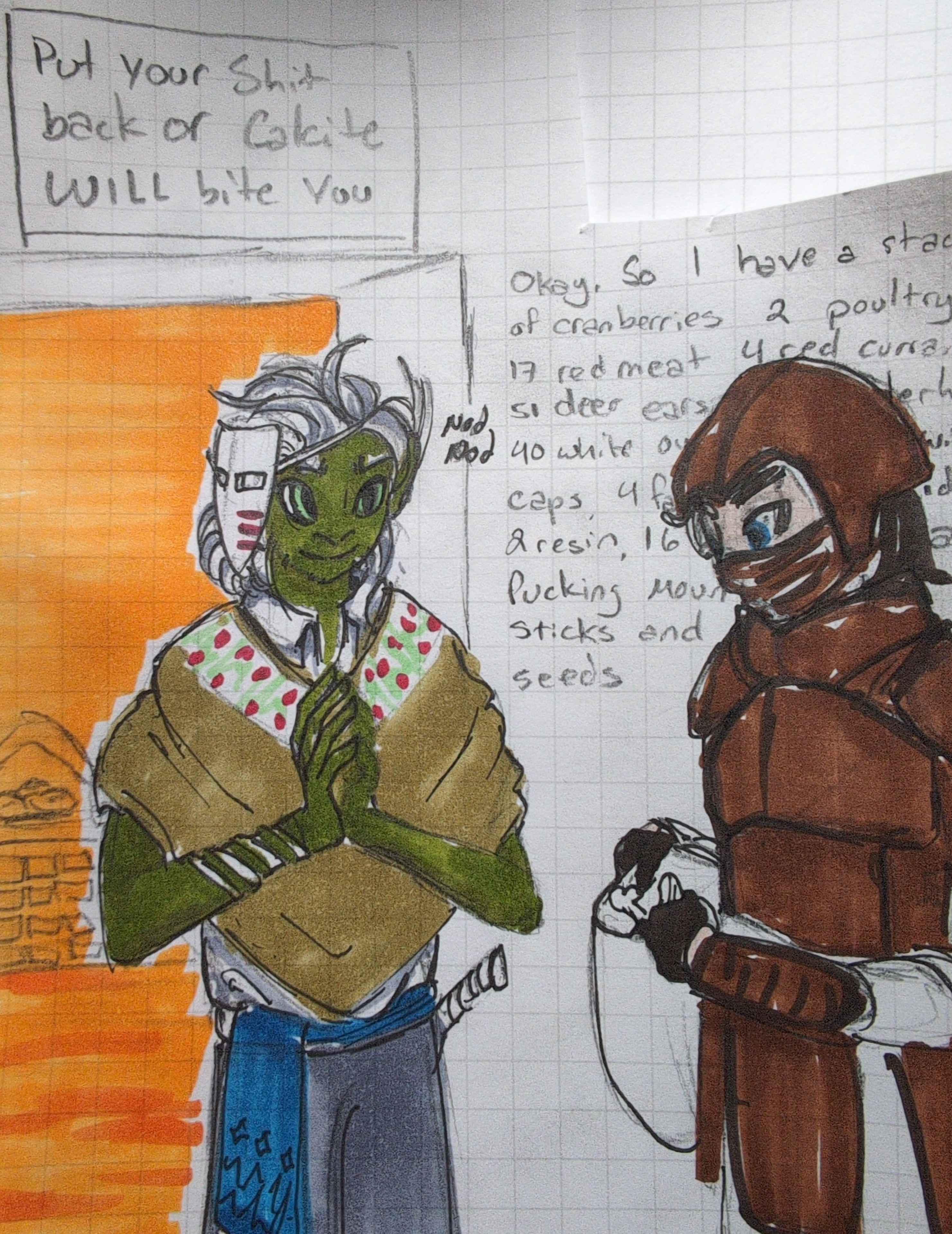 a pencil, pen and alcohol marker drawing of an interaction between Eshisakka and SonOfLand's seraphs